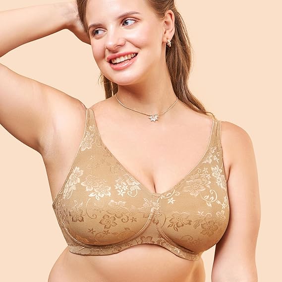 Enamor F135 Plunge Neck Power Jacquard Lift Cotton-Rich Minimizer Bra – Everyday Full Support, Non-Padded, Wirefree, High Coverage